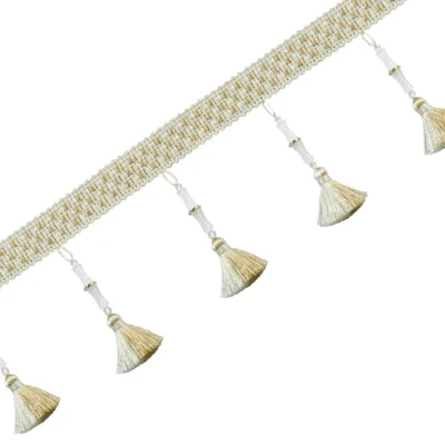 Ivory curtain tassel trim with delicate hanging tassels and bamboo-inspired braid