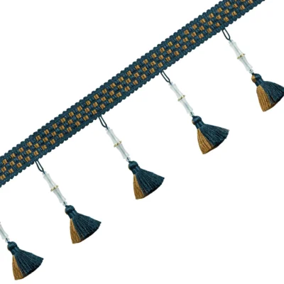 Indigo and gold curtain tassel trim with spaced tassels and bamboo-inspired design