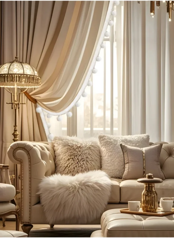 Cream-colored curtains with white Mink Whisper Trim pom pom fringe in a soft neutral living room