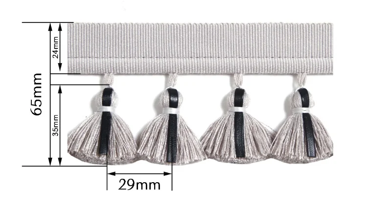 Size reference chart for Bottega-style leather tassel fringe trim showing band height, tassel length, and spacing