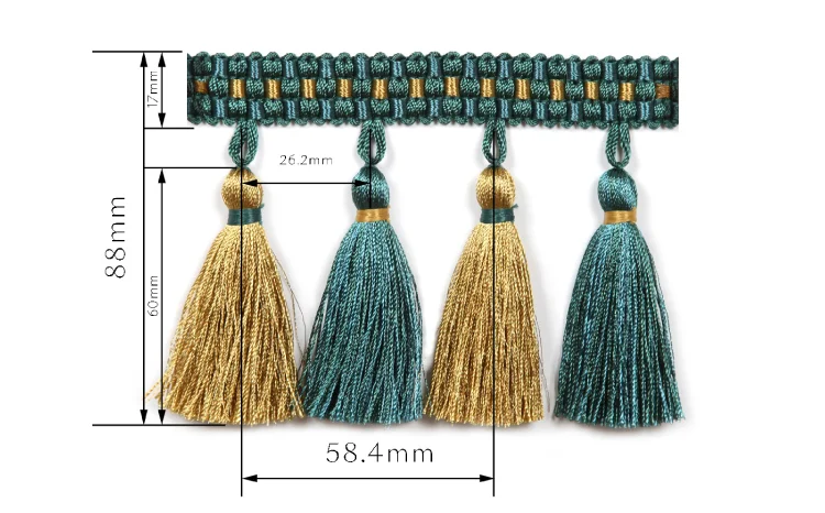 Green and gold tassel fringe trim with dimension reference