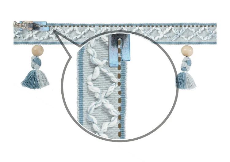 Close-up of Norwegian Forest Wood Bead Tassel Trim with Braided Band and Blue Tassels