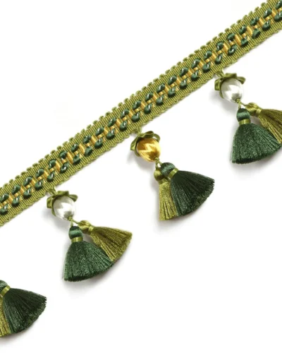 Versailles Grove Curtain Tassel Trim – dark green and olive tassels with pearl tops for classic drapery accents
