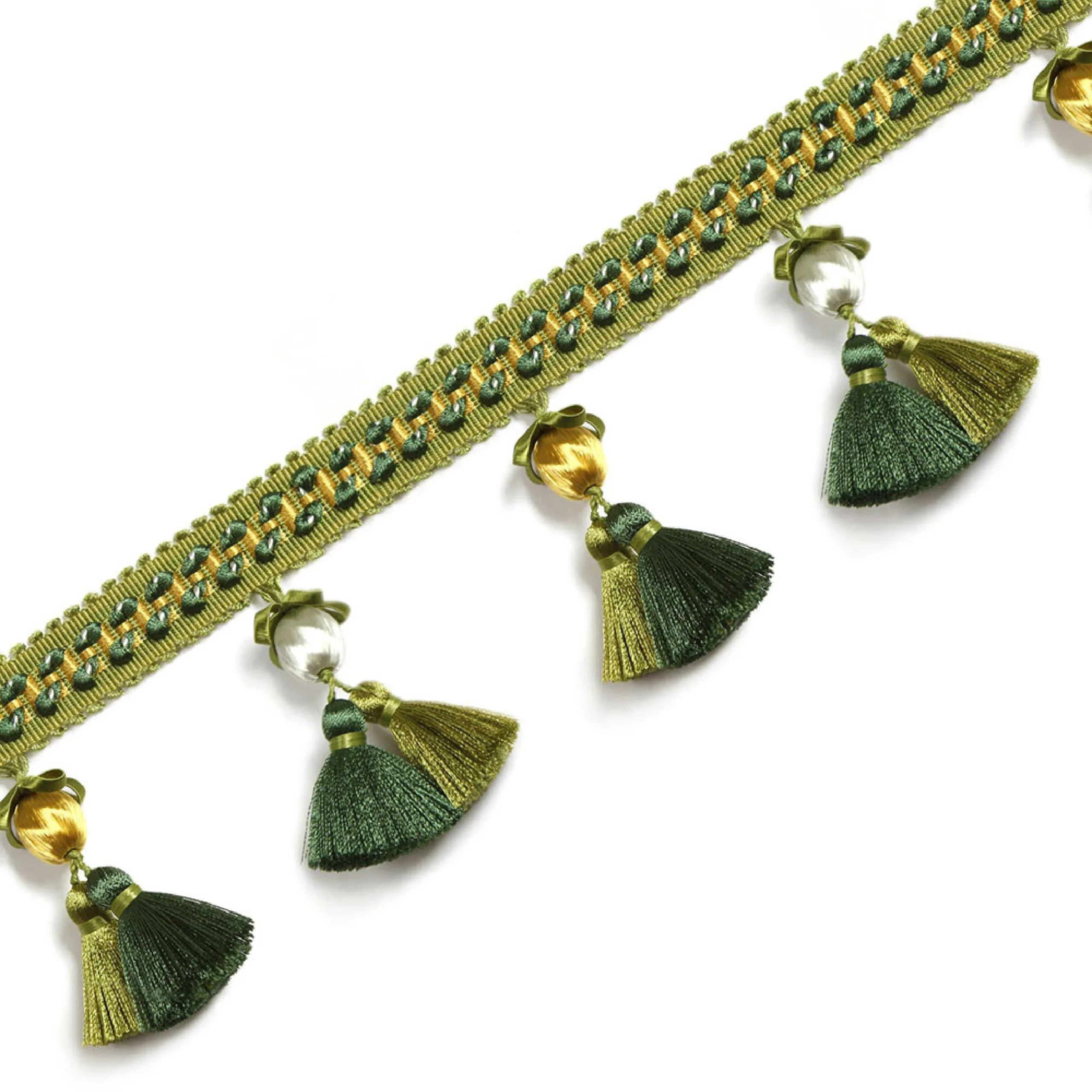 Versailles Grove Curtain Tassel Trim – dark green and olive tassels with pearl tops for classic drapery accents