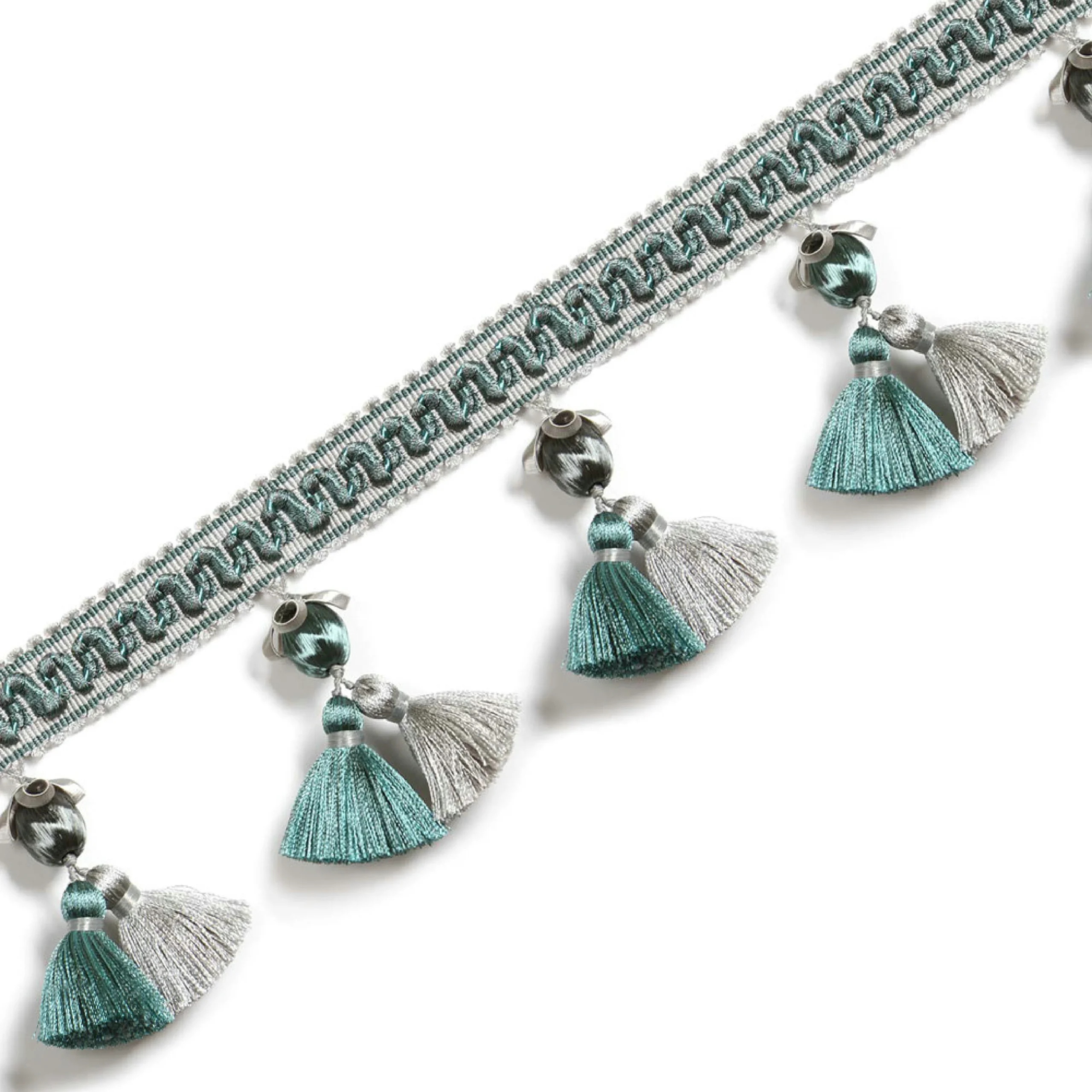 Versailles Grove Curtain Tassel Trim – turquoise and green tassels with pearls for elegant drapery