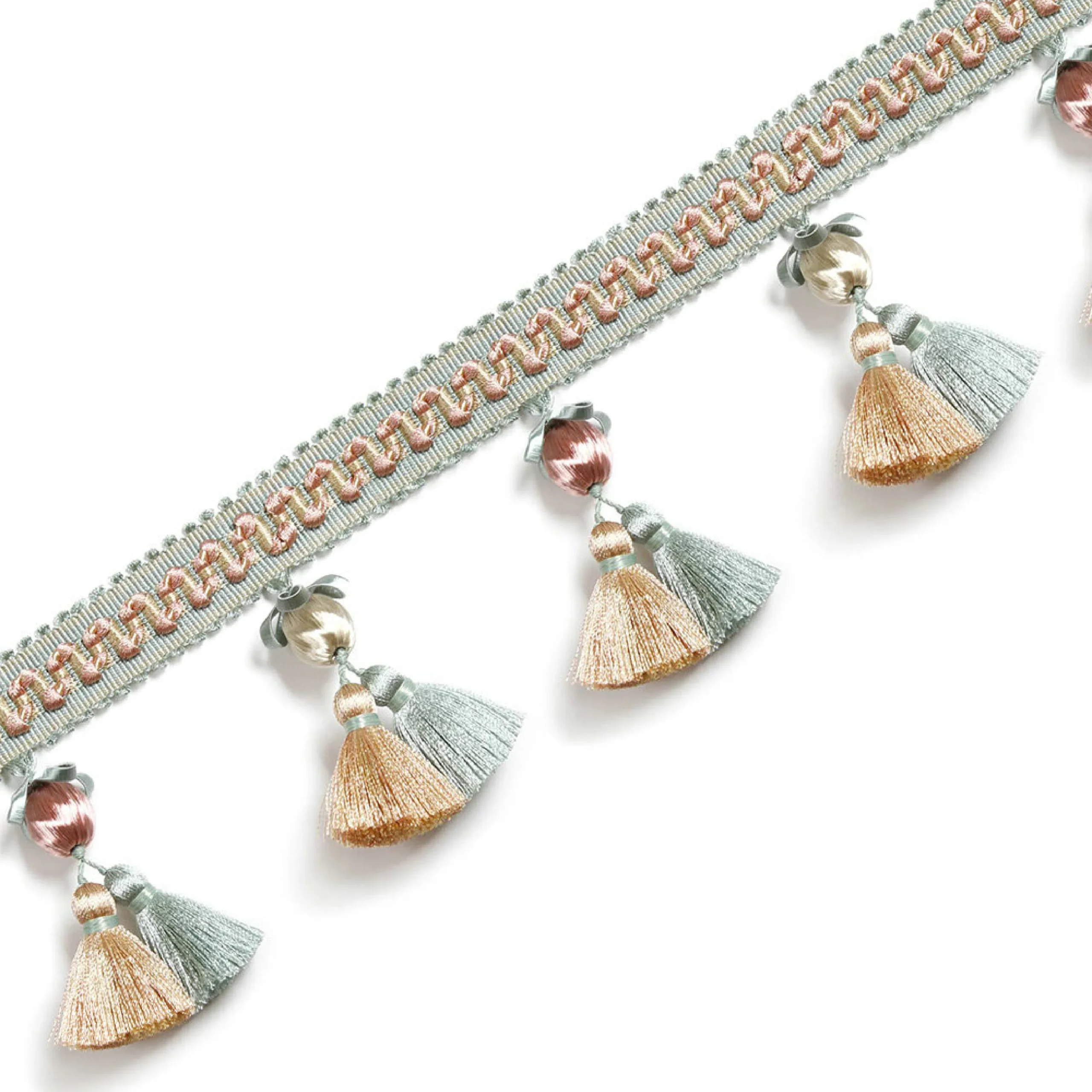 Versailles Grove Curtain Tassel Trim – green and blush double tassels with pearl details for elegant curtains