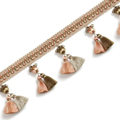 Versailles Grove Curtain Tassel Trim – peach pink fringe with pearl beads for romantic drapery