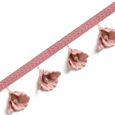 Nymph Garden lace curtain trim with pink floral accents