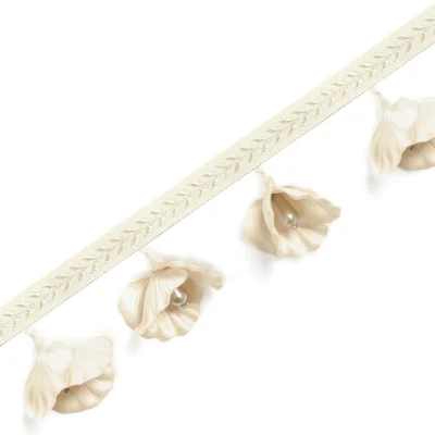 Nymph Garden lace curtain trim in ivory with delicate floral accents