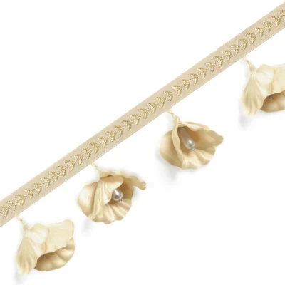 Nymph Garden lace curtain trim with ivory floral tassels and woven edge