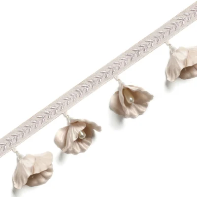 Nymph Garden lace curtain trim in ivory with soft floral tassels