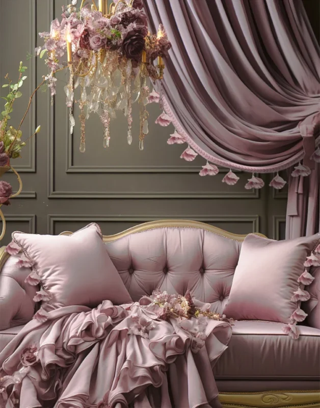 Romantic living room with pink curtains and cushions featuring Nymph Garden Lace Curtain Trim
