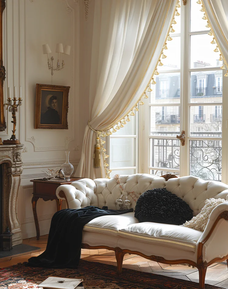 Classic white curtains with Versailles Grove Trim in elegant European interior