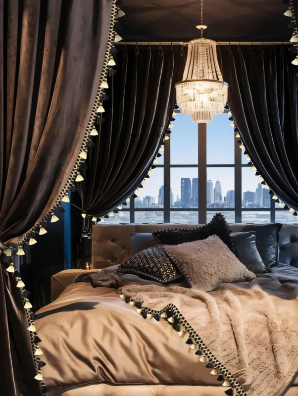 Luxury Velvet Curtain with Pom Pom Trim in Modern Bedroom