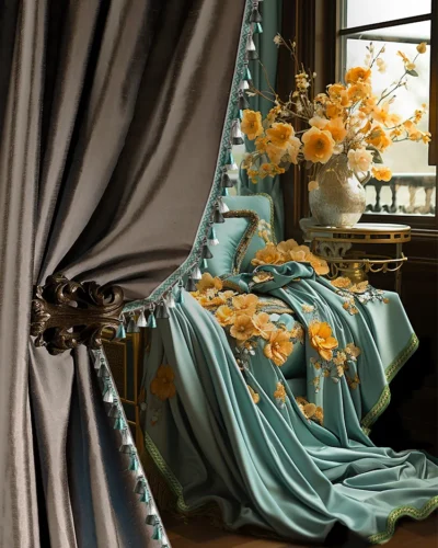 Elegant French-style curtain with tassel trim and golden floral arrangement in a classic living room.