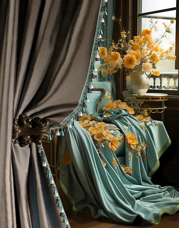 Elegant French-style curtain with tassel trim and golden floral arrangement in a classic living room.