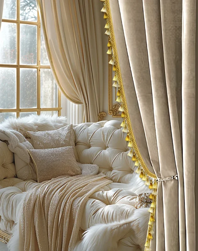 French-style curtain tassel trim in gold on beige drapes in elegant bedroom
