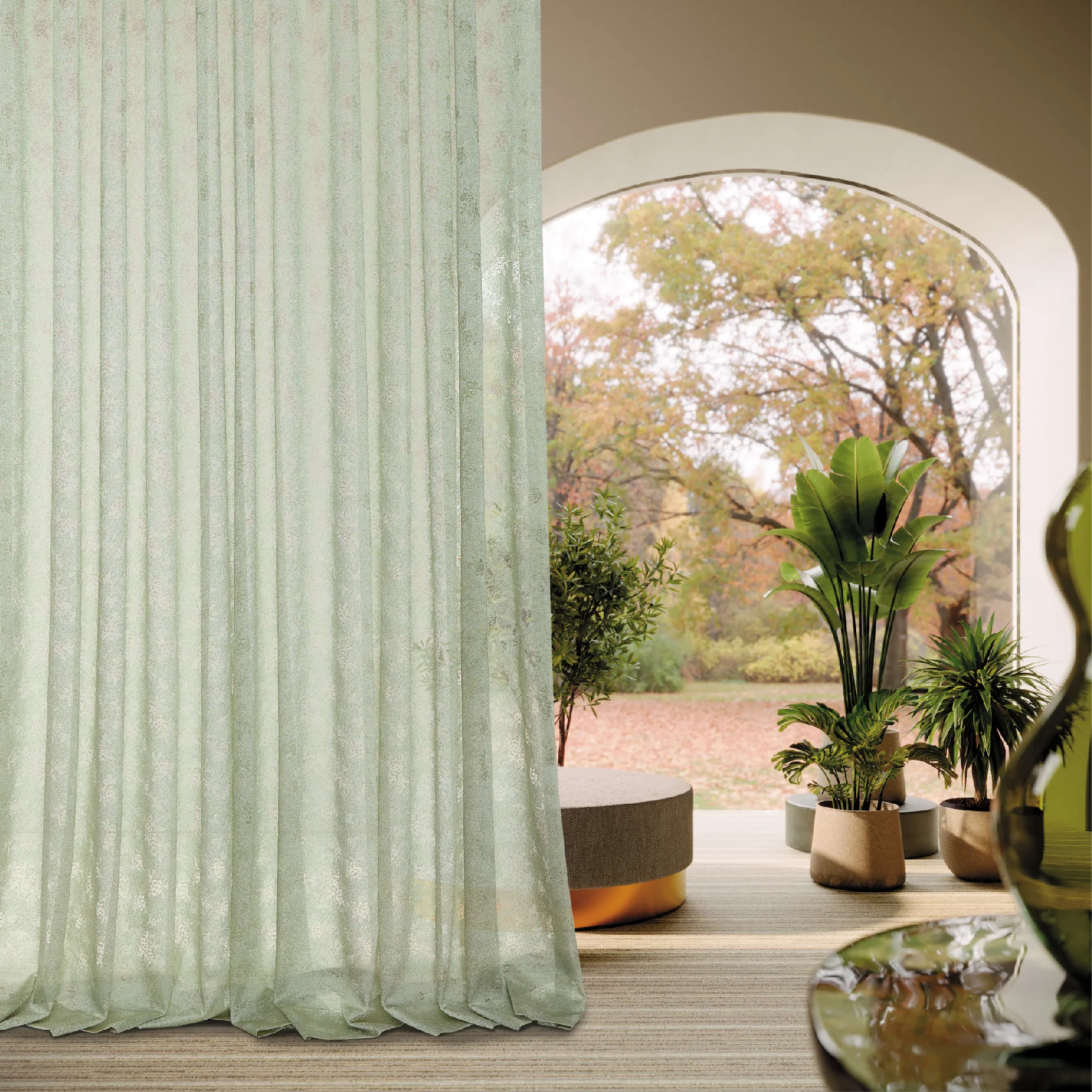 Olive Mist Curtain fully draped in front of a large arched window with soft daylight and botanical sheer texture in a cozy modern interior