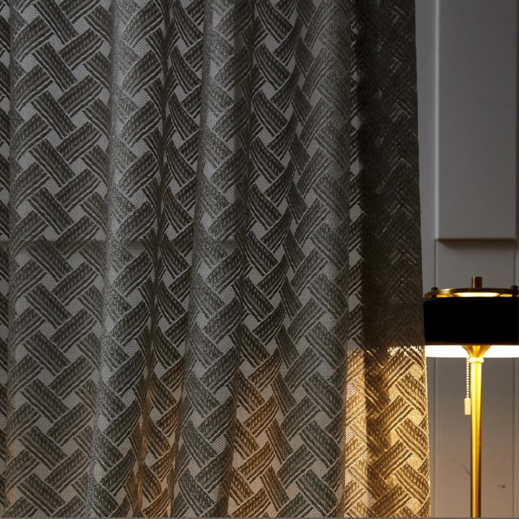 Serene Weave Sheer Curtain with jacquard texture under warm ambient light