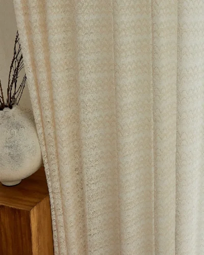 Vertical stripe jacquard sheer curtain in soft neutral tones with linen texture