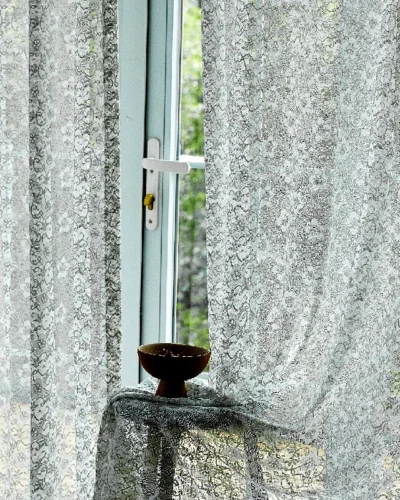 Scales Whisper Jacquard Sheer Curtain with Soft Light and Decorative Bowl