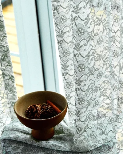 Scales Whisper Sheer Curtain – Natural Light with Decorative Bowl