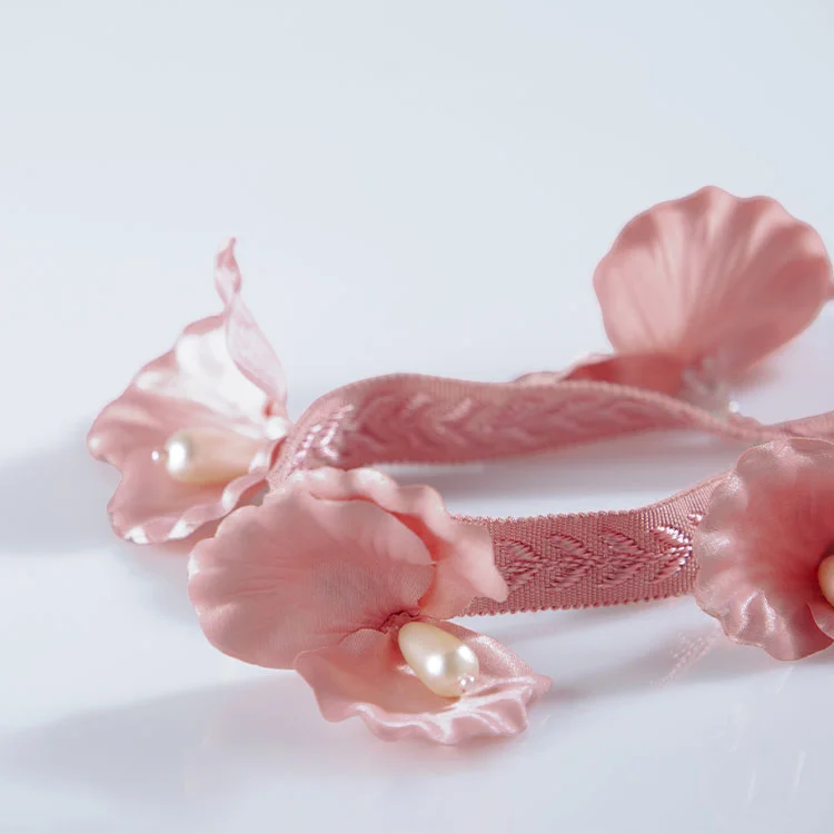 Pink 3D floral lace trim with pearl accents for romantic curtain decorations