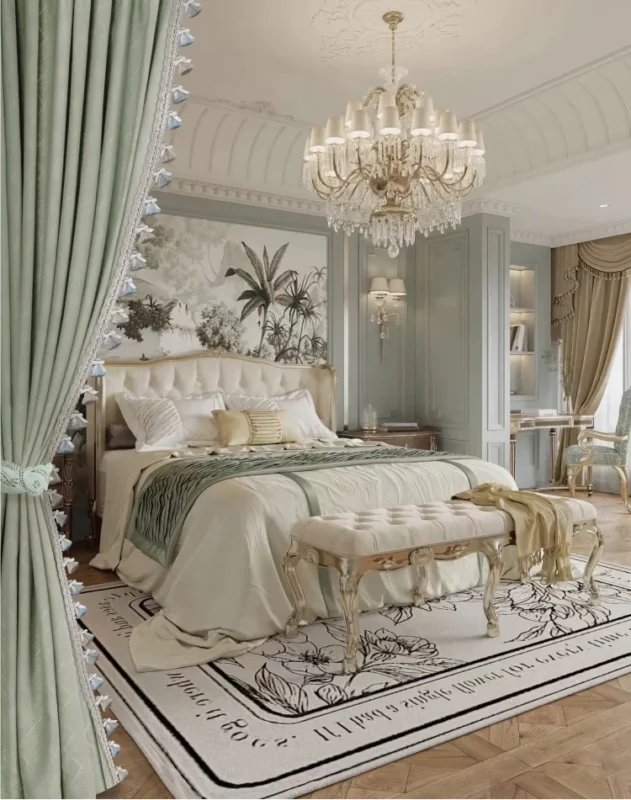 Luxurious bedroom with Elysee tassel fringe trim on sage green curtains