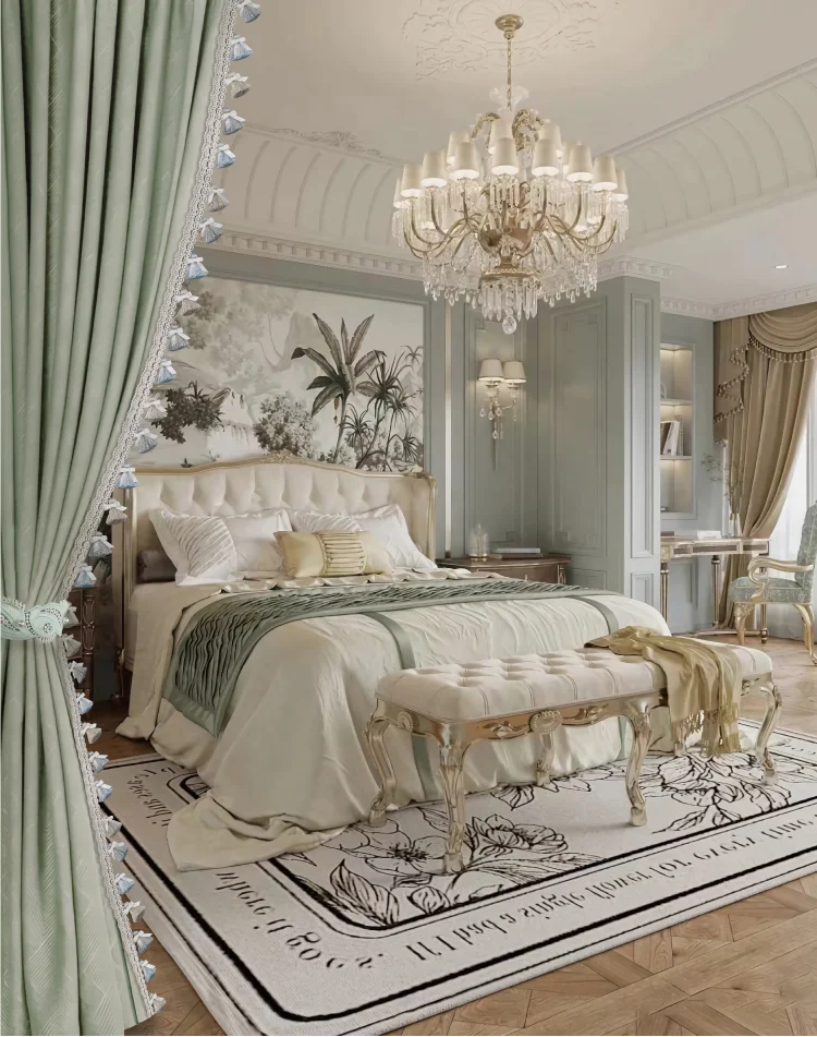 Luxurious bedroom with Elysee tassel fringe trim on sage green curtains