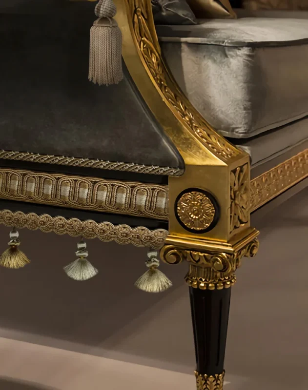 Medici Tassel Curtain Trim detail on French antique sofa edge