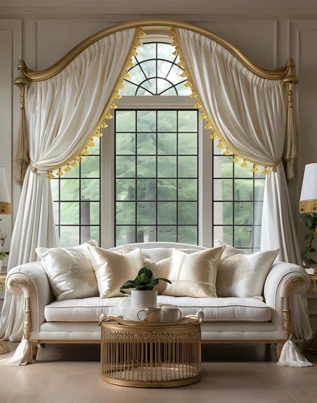 Elegant white curtains with Versailles Grove gold tassel trim in a classical living room