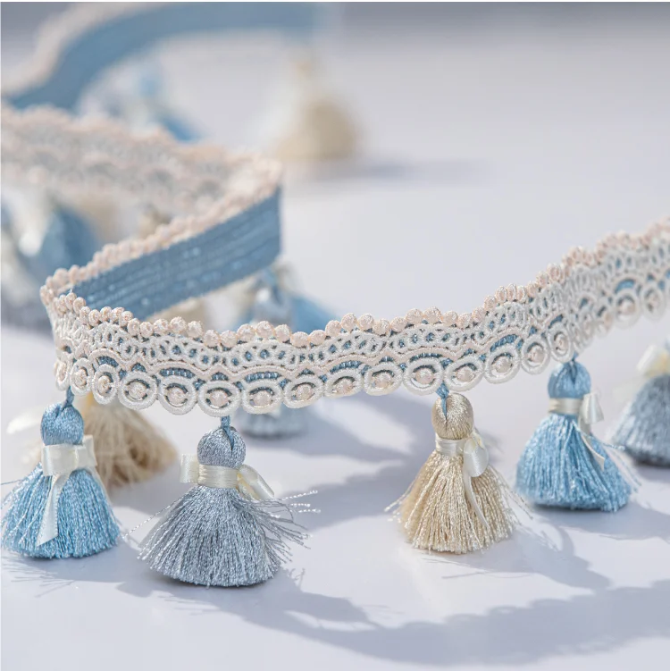 Elysee Tassel Fringe Trim in Sky Blue and Ivory – Elegant Lace Curtain Decoration