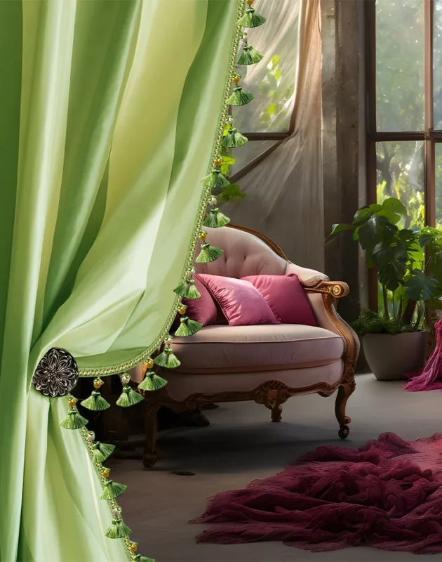 Green curtain with Versailles Grove Tassel Trim in elegant interior setting