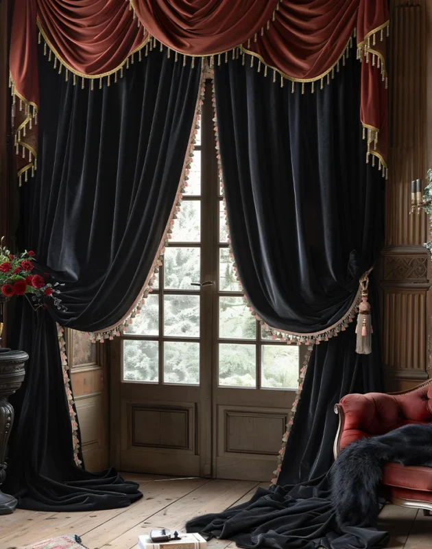 French-style curtain tassel trim on black velvet drapes in classic interior