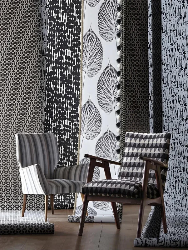 Modern Geometric Curtain Display in Monochrome Interior