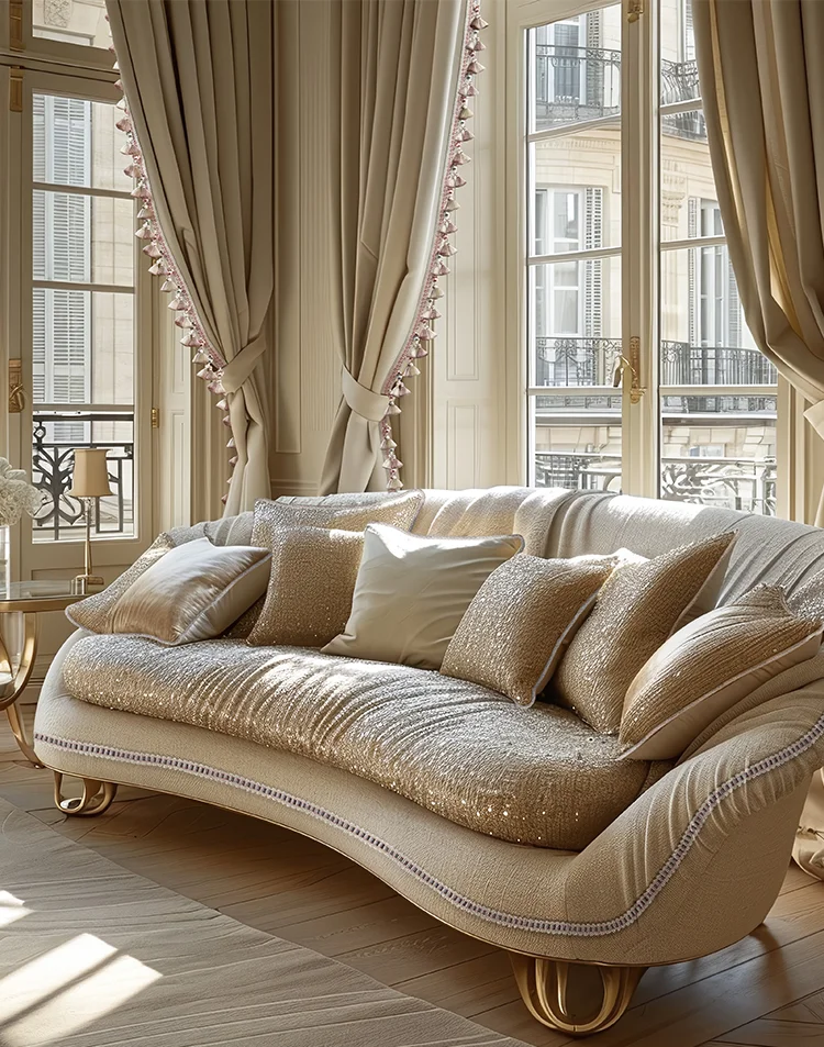 Classic beige curtains with gold Versailles Grove tassel trim in a bright living room