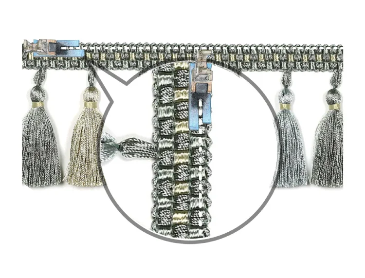 Dual-tone tassel fringe in gray-blue and beige with geometric woven band