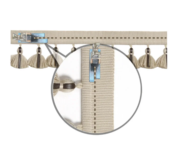 Curtain installation diagram showing how to attach tassel fringe trim to fabric edge