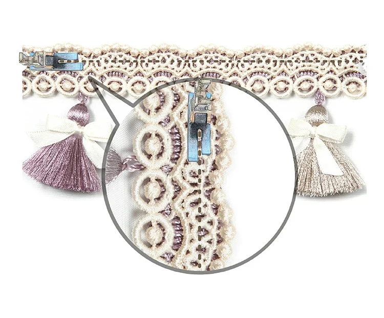Close-up of Elysee Tassel Fringe Trim with lace band and bow detail