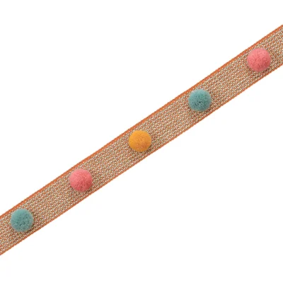 Eden Pom Pom Fringe Trim with Orange, Blue, and Pink Accents on Warm Brown Band