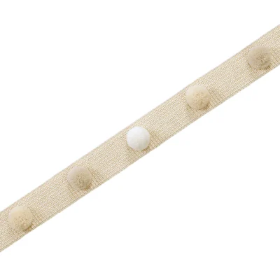 Eden Pom Pom Fringe Trim in Ivory White with Neutral Woven Band