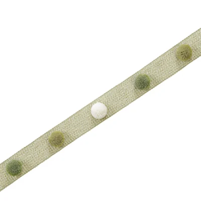 Eden Pom Pom Fringe Trim in Green and White on Natural Linen Band