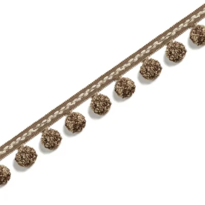Brown pom pom curtain trim with braided cotton band – Chestnut tone