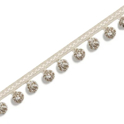 Ivory pom pom curtain trim with braided linen band – Natural Oat style