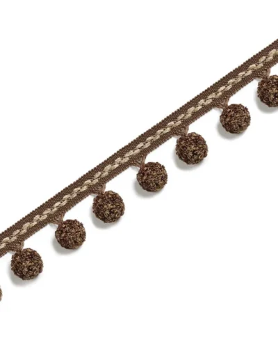 Woven pom pom trim for curtains in neutral tones