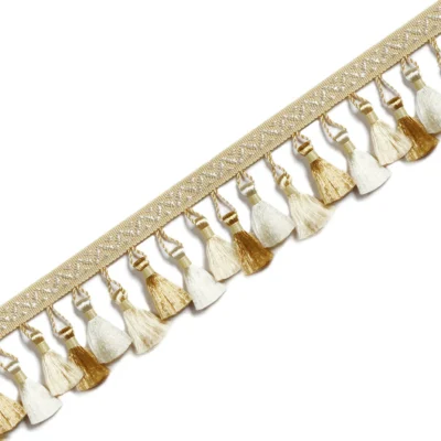 French-style curtain tassel trim in cream and champagne with woven band