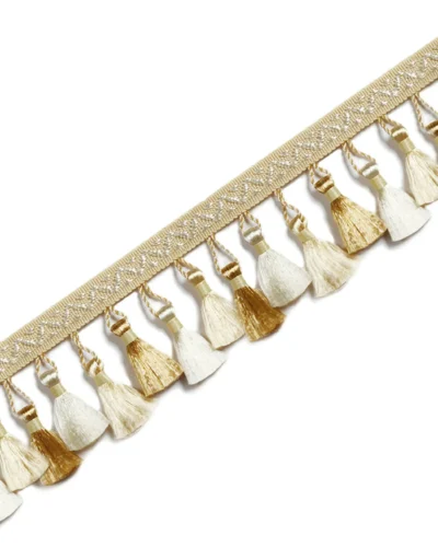 French-style curtain tassel trim in cream and champagne with woven band