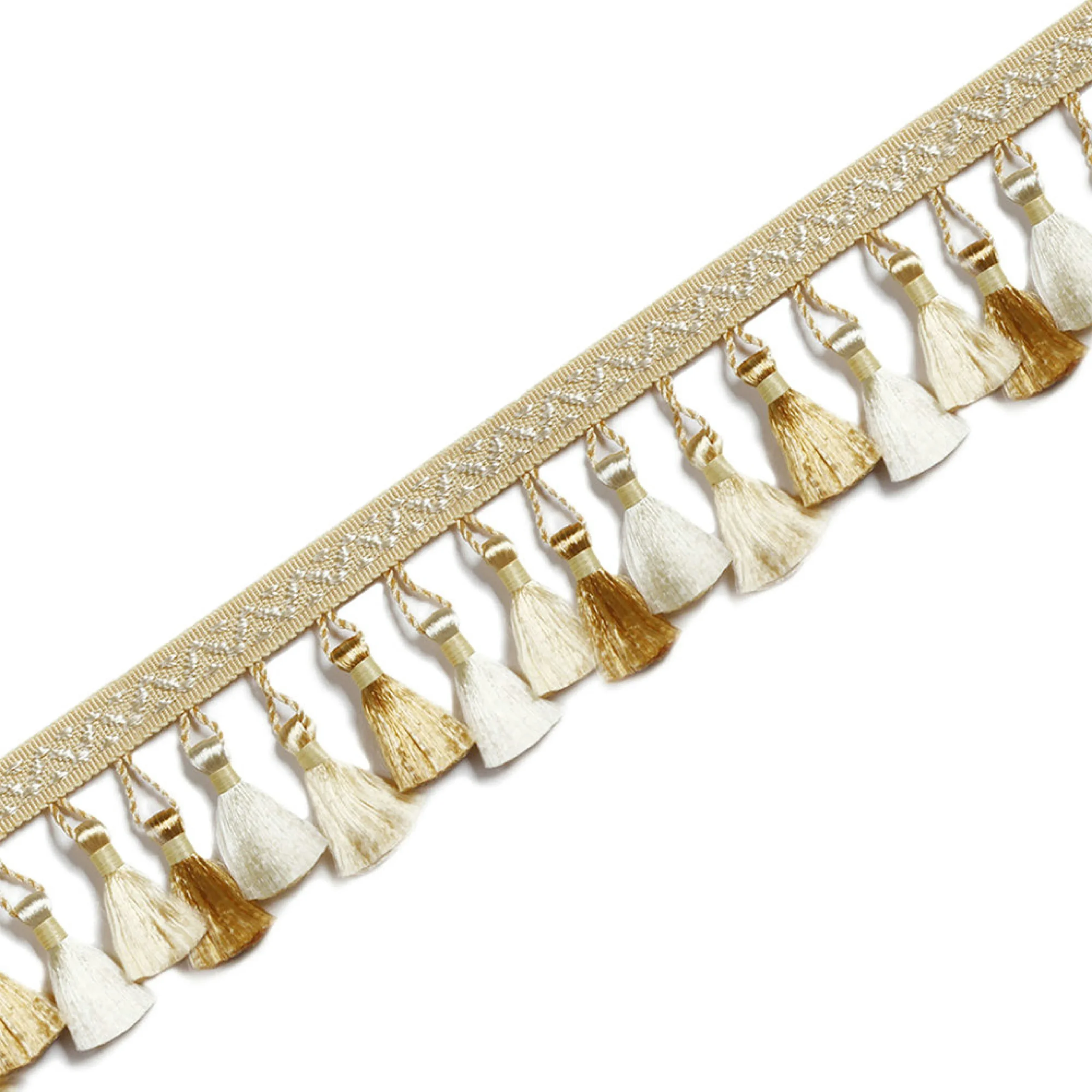 French-style curtain tassel trim in cream and champagne with woven band