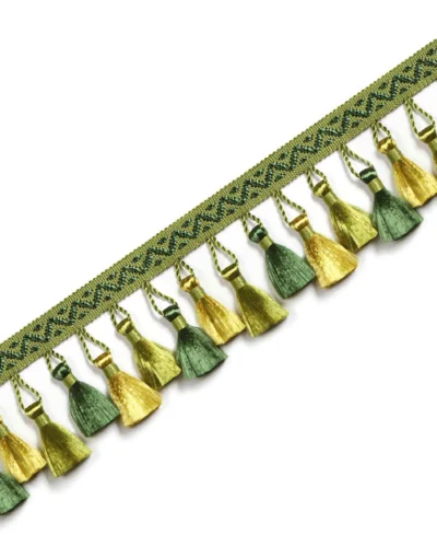 French-style curtain tassel trim in forest green and gold with woven band