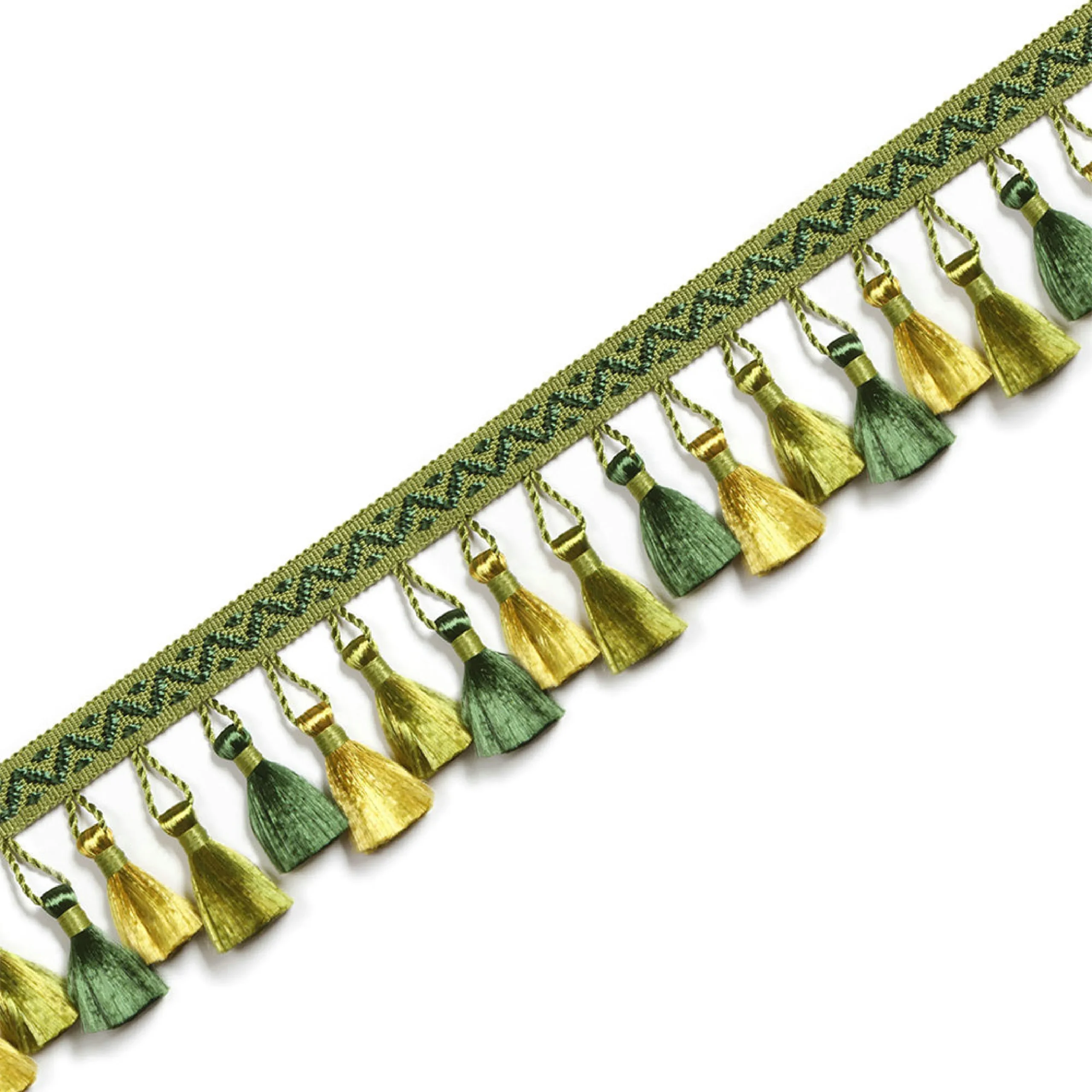 French-style curtain tassel trim in forest green and gold with woven band